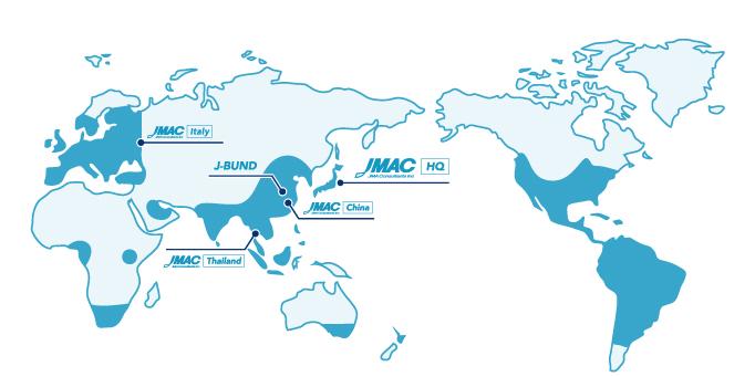 JMACの拠点が示された世界地図。拠点：JMAC HQ、JMAC China、JMAC Europe、JMAC Thailand、J-BUND