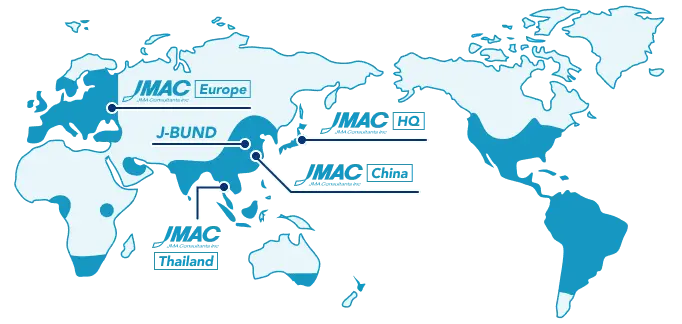 JMACの拠点が示された世界地図。拠点：JMAC HQ、JMAC China、JMAC Europe、JMAC Thailand、J-BUND